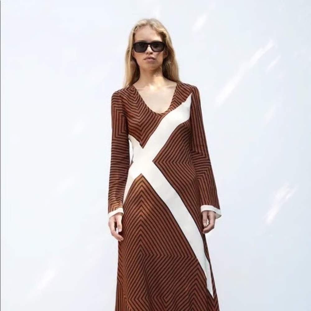 Zara Brown and Cream Long Sleeve Dress - Picture 5 of 14